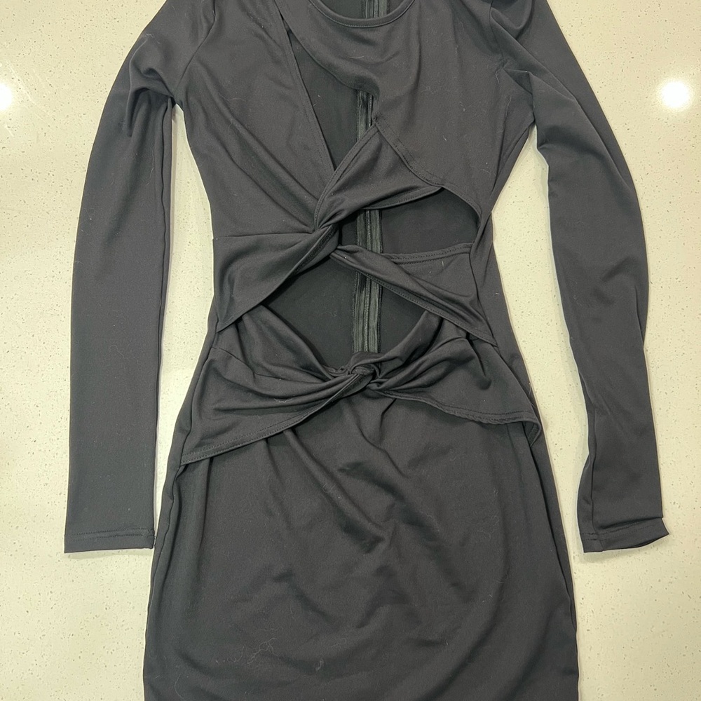 White Fox Black Long-Sleeve Twist-Front Cutout Dress
